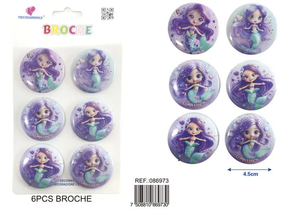 Broche redondo de 4.5x4.5 cm, colores surtidos, 6 piezas