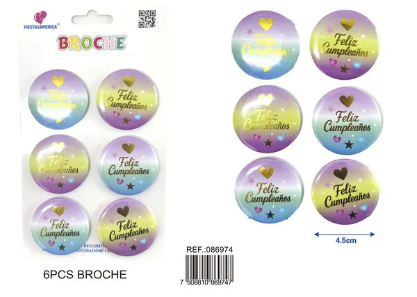 Broche redondo de 4.5x4.5 cm, colores surtidos, 6 piezas