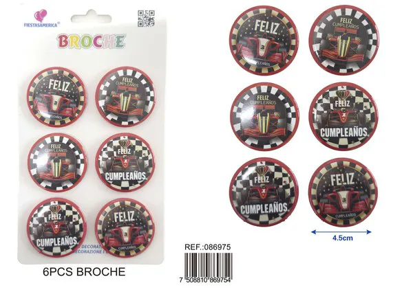 Broche redondo de 4.5x4.5 cm, colores surtidos, 6 piezas