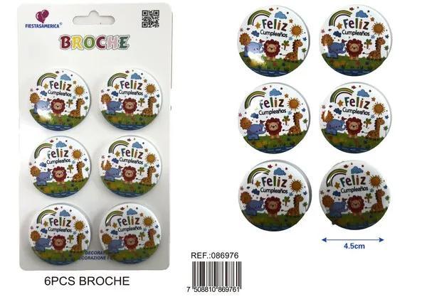 Broche redondo de 4.5x4.5 cm, colores surtidos, 6 piezas
