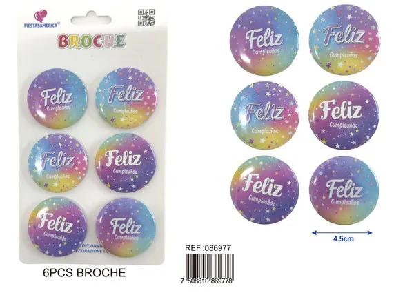 Broche redondo de 4.5x4.5 cm, colores surtidos, 6 piezas