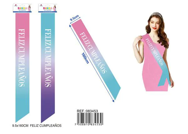 Banda ceremonial de 9.5x1.60 m, color degradado con letras tornasol "Feliz Cumpleaños" (degradado azul claro a azul oscuro, degradado rosa a azul)