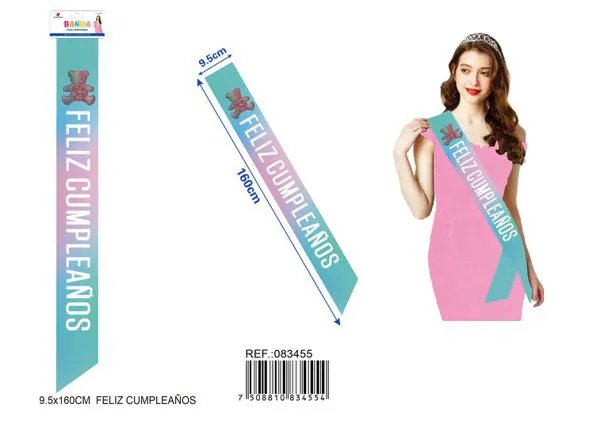 Banda ceremonial de 9.5x1.60 m, color degradado con letras impresas en blanco "Feliz Cumpleaños"