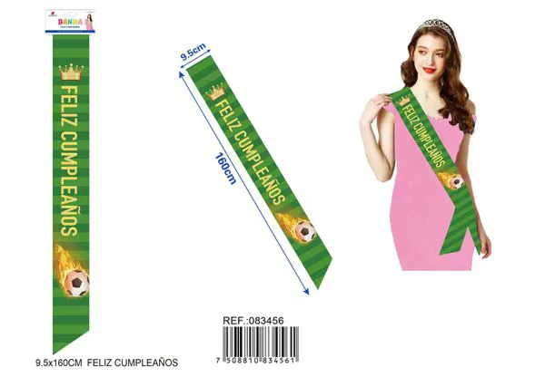 Banda ceremonial de 9.5x1.60 m, con estampado de futbol y letras doradas "FELIZ CUMPLEAÑOS"