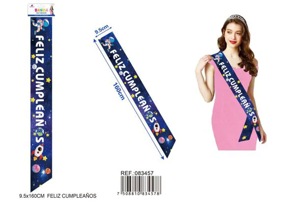 Banda ceremonial de 9.5x1.60 m, azul con estampado espacial y letras impresas en blanco "FELIZ CUMPLEAÑOS"