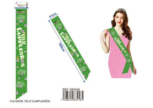 Banda ceremonial de 9.5x1.60 m, verde con estampado de futbol y letras impresas en blanco "FELIZ CUMPLEAÑOS"