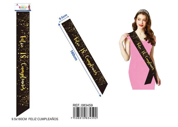 Banda ceremonial de 9.5x1.60 m, negra con estampado y letras doradas "FELIZ 18 CUMPLEAÑOS"
