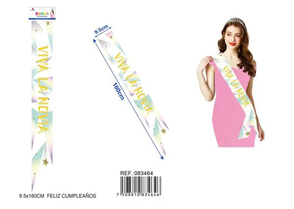 Banda ceremonial de 9.5x1.60 m, multicolor con letras doradas "VIVA LA NOVIA"