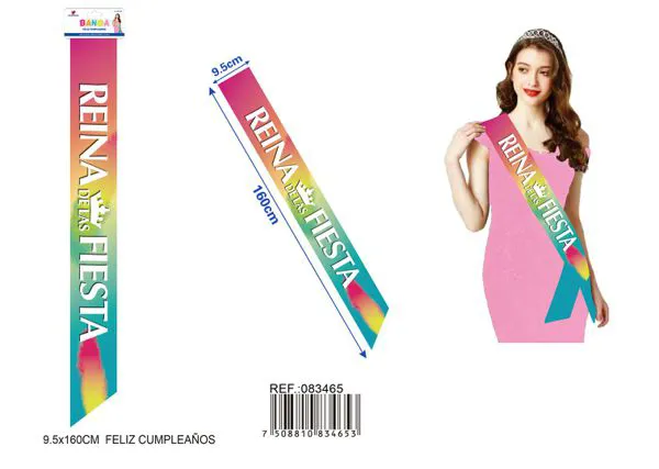 Banda ceremonial de 9.5x1.60 m, color degradado con letras impresas en blanco "REINA DE LAS FIESTAS"