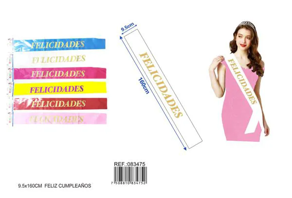 Banda ceremonial de 9.5x1.60 m, estampado tornasol "Feliz Cumpleaños" (fucsia, rosa, azul, rojo, blanco, amarillo neón)