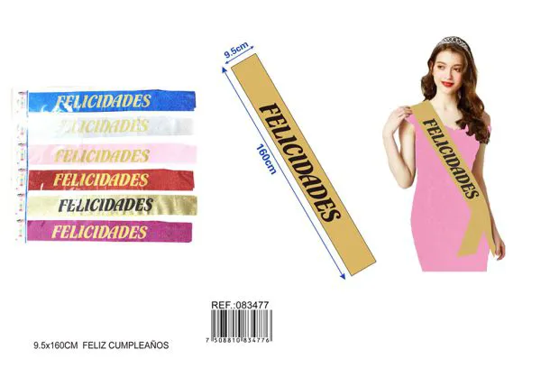 Banda ceremonial de 9.5x1.60 m, impresión dorada "FELICIDADES" (azul, rosa, dorado, plateado, rojo, fucsia)