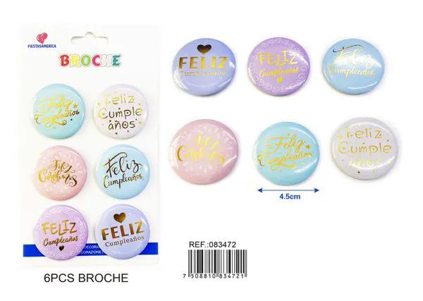 Broches redondos surtidos de 4.5x4.5 cm con texto dorado 'Feliz Cumpleaños', 6 piezas