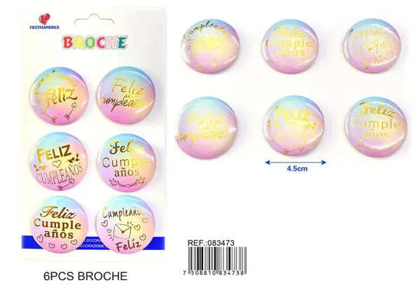 Broches redondos surtidos de 4.5x4.5 cm con texto dorado 'Feliz Cumpleaños', 6 piezas