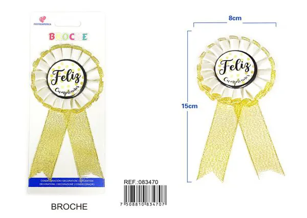 Broche de 8x15 cm con medallón de 4.5 cm, blanco con texto negro, color oro grisáceo
