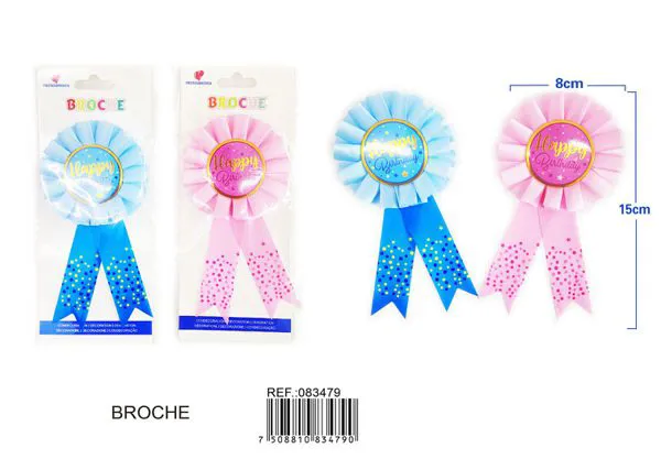 Broche de 8x15 cm con medallón de 4.5 cm, texto 'Happy Birthday' en dorado, colores rosa y azul