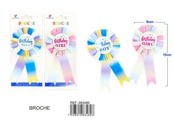 Broche de 8x15 cm con medallón de 4.5 cm, texto 'Birthday girl' en rosa (niña) o 'Birthday boy' en azul (niño), dos colores