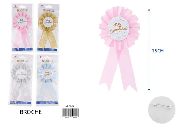Broche de 8x15 cm con medallón de 4.5 cm, impreso 'Feliz Cumpleaños' en español en dorado