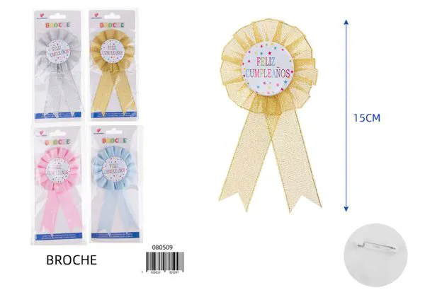 Broche de 8x15 cm con medallón de 4.5 cm, impreso 'Feliz Cumpleaños' en español a color