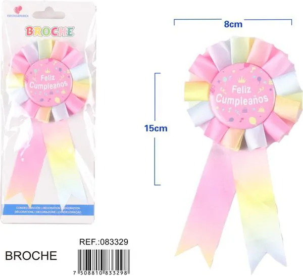 Broche de 8x15 cm con medallón de 4.5 cm, impreso 'Feliz Cumpleaños' en español, color rosa