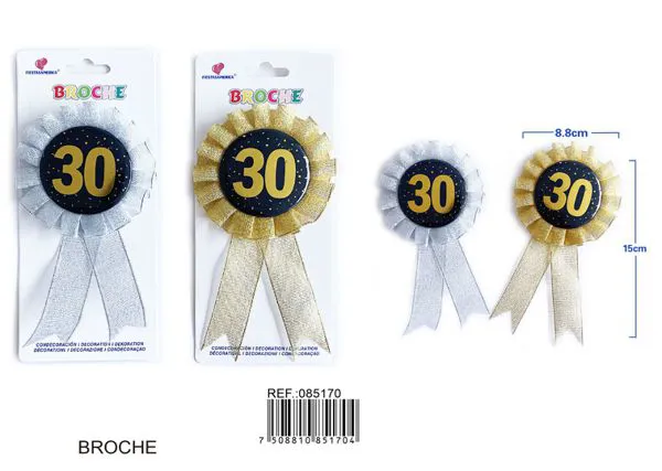 Broche para fiesta de 8.8x15 cm, con medallón de 5.5 cm en negro con estampado dorado