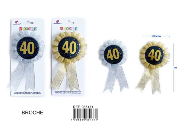 Broche para fiesta de 8.8x15 cm, con medallón de 5.5 cm en negro con estampado dorado