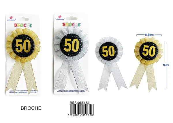 Broche para fiesta de 8.8x15 cm, con medallón de 5.5 cm en negro con estampado dorado