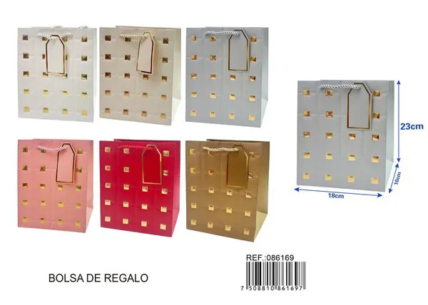 Bolsa de papel con relieve dorado de cuadros, 18x23x10 cm, con tarjeta