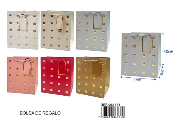 Bolsa de papel con relieve dorado de cuadros, 31x42x12 cm, con tarjeta