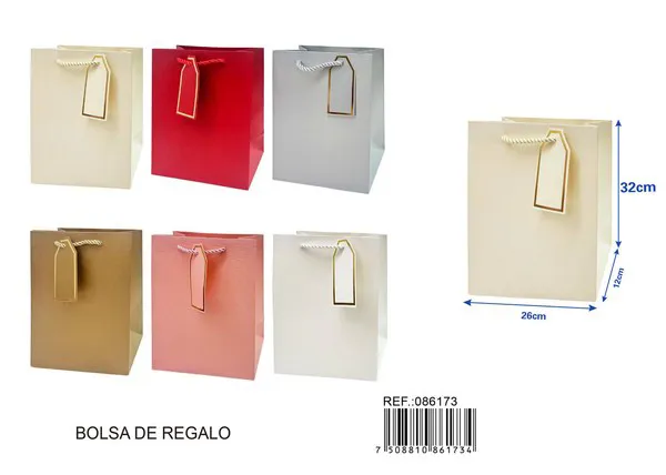 Bolsa de papel con relieve dorado de cuadros de tela, 26x32x12 cm, con tarjeta