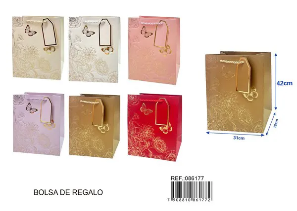 Bolsa de papel con relieve dorado de mariposas y flores, 31x42x12 cm, con tarjeta
