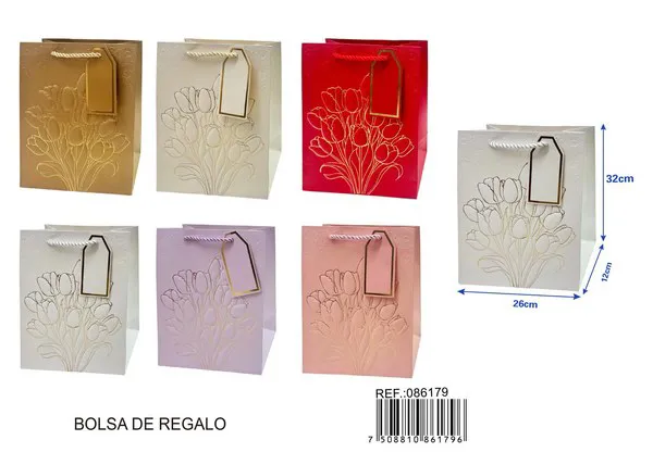 Bolsa de papel con relieve dorado de ramo vintage, 26x32x12 cm, con tarjeta