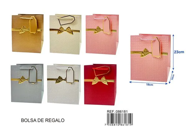 Bolsa de papel con relieve dorado de moño a cuadros, 18x23x10 cm, con tarjeta