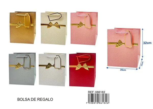 Bolsa de papel con relieve dorado de moño a cuadros, 26x32x12 cm, con tarjeta