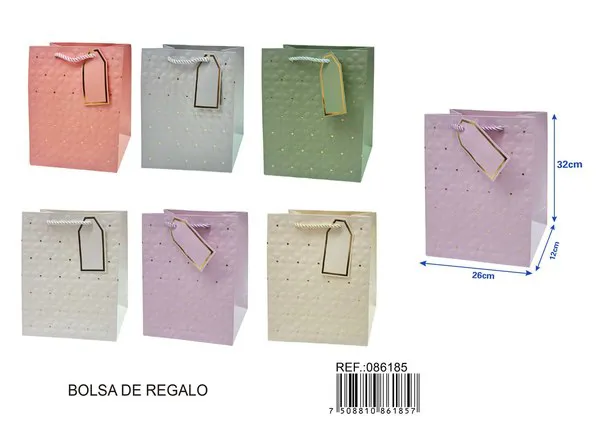 Bolsa de papel con relieve dorado de flores y puntos, 26x32x12 cm, con tarjeta