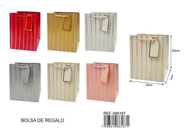 Bolsa de papel con relieve dorado de dos franjas verticales, 18x23x10 cm, con tarjeta