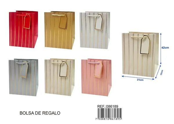 Bolsa de papel con relieve dorado de dos franjas verticales, 31x42x12 cm, con tarjeta