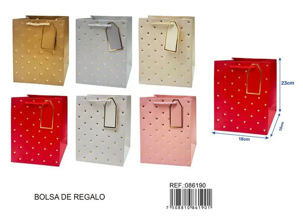 Bolsa de papel con relieve dorado de corazones pequeños, 18x23x10 cm, con tarjeta