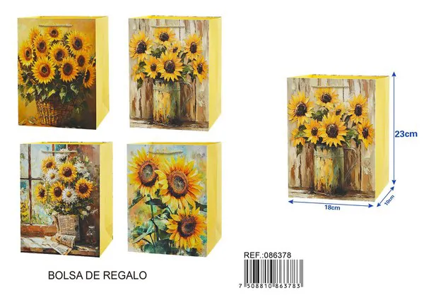 Bolsa de regalo con girasol, sencilla, 23x18x10 cm