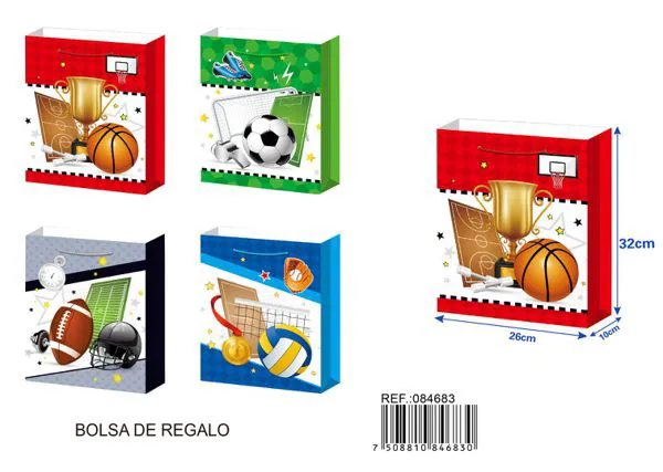 Bolsa de regalo con impresión plana de baloncesto (2 diseños), mediana, 26x32x10 cm