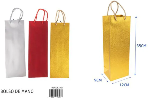 Bolsa para vino con brillo dorado (glitter), 12x35x9 cm