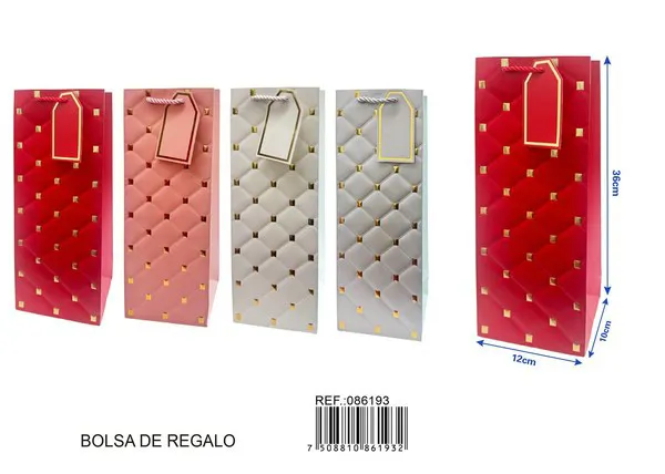 Bolsa de papel para vino con relieve dorado rectangular, 36x12x10 cm, con tarjeta