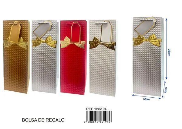 Bolsa de papel para vino con relieve dorado de moño a cuadros, 36x12x10 cm, con tarjeta