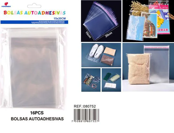 Bolsas OPP autoadhesivas, 15x20 cm, calibre 3.5, 16 piezas