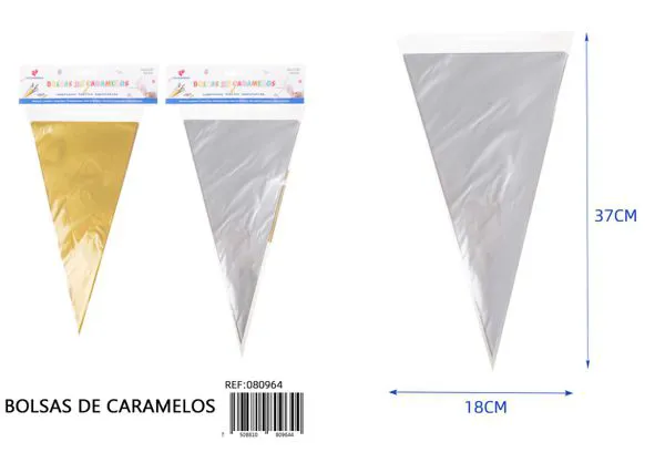 Bolsas triangulares para dulces de color liso, 18x37 cm, 10 piezas, con 10 lazos dorados, paquete surtido dorado y plateado