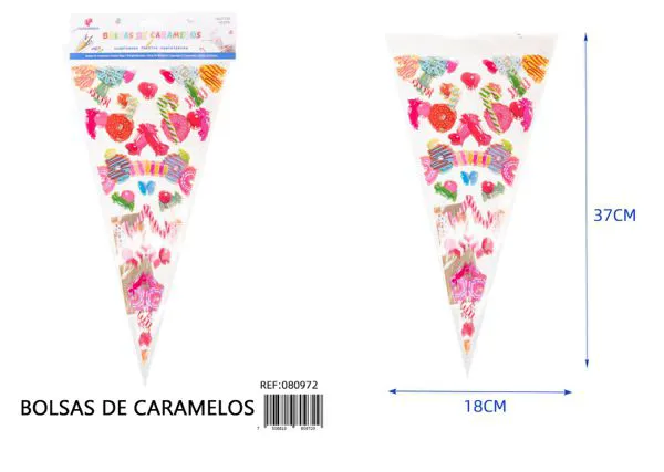Bolsas triangulares para dulces con estampado de dulces y donas a color, 18x37 cm, 10 piezas, con 10 lazos dorados