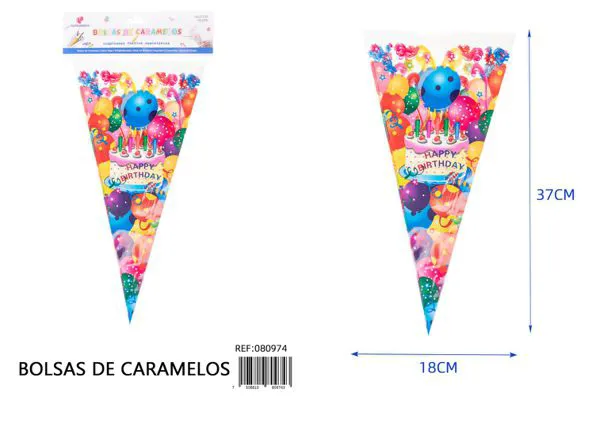 Bolsas triangulares para dulces con estampado de pastel de cumpleaños, 18x37 cm, 10 piezas, con 10 lazos dorados
