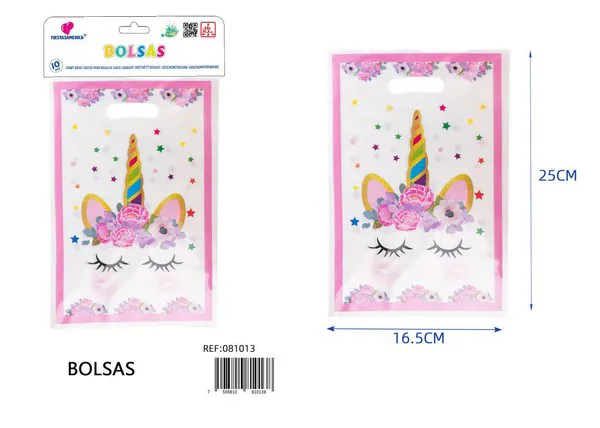 Bolsa perlada pequeña de 16.5x25 cm, diseño de unicornio con flores, 10 piezas
