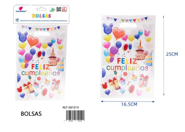 Bolsa perlada pequeña de 16.5x25 cm, diseño feliz cumpleaños en español, 10 piezas