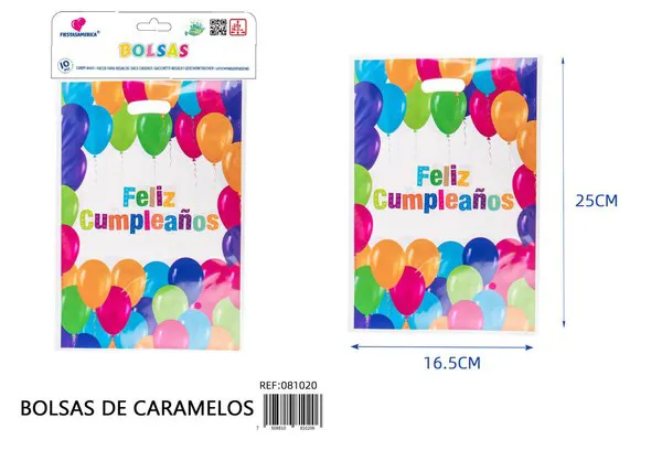 Bolsa perlada pequeña de 16.5x25 cm, diseño de globos de feliz cumpleaños en español, 10 piezas