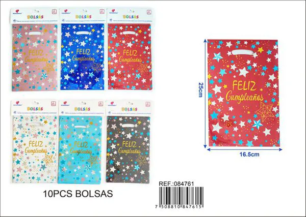 Bolsa metalizada pequeña de 16.5x25 cm, 10 piezas, estampado feliz cumpleaños en español